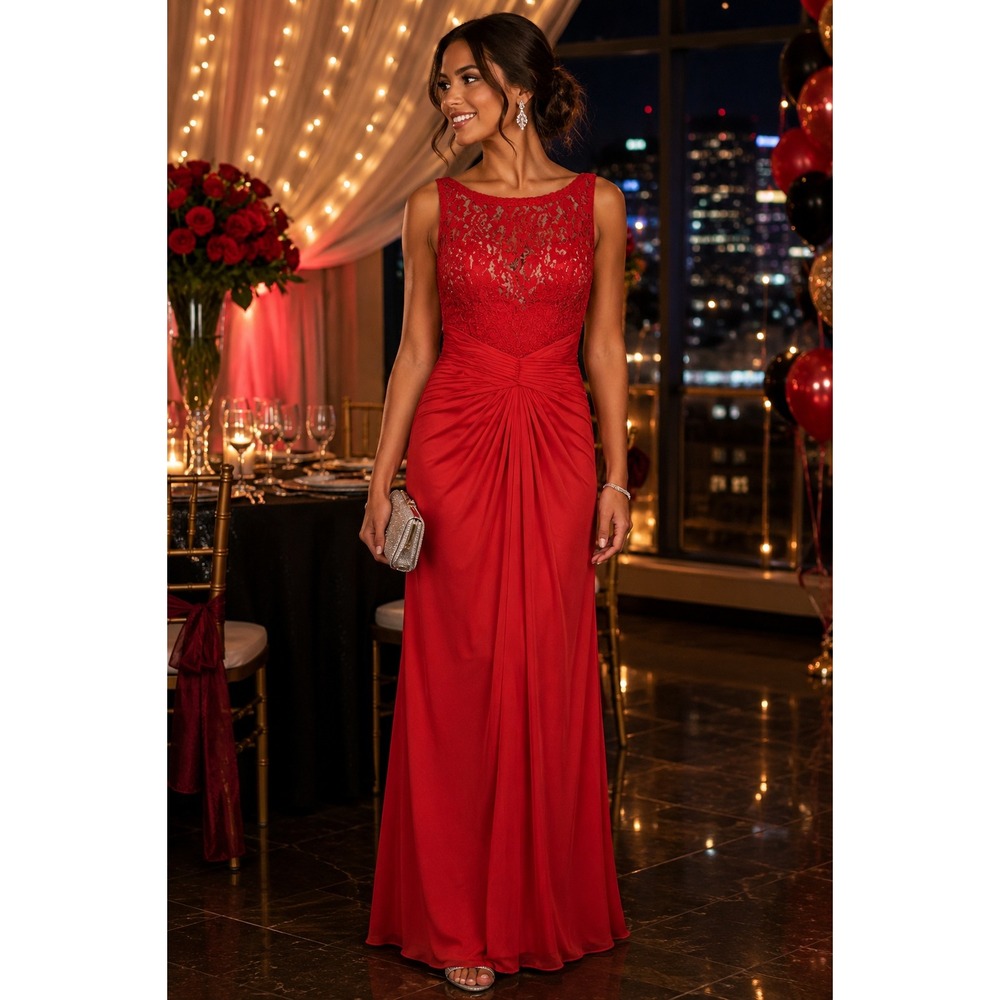 David's Bridal Apple Red Lace Mesh Sleeveless Formal Gown Dress NWT Size 8